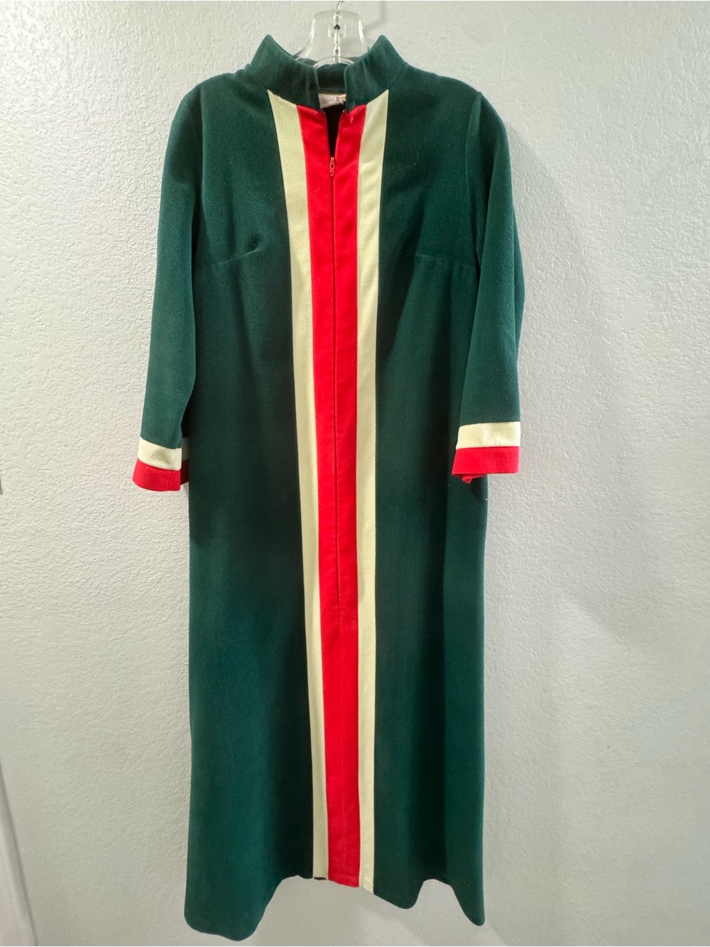 Vintage 70’s Vanity Fair Green Front Zip House Coat with Red & Cream Stripes